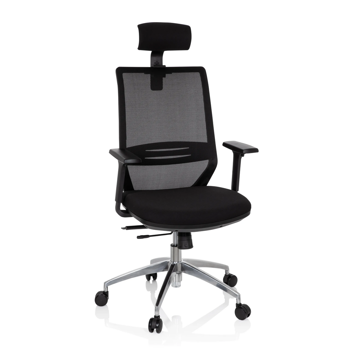 Black Professional Office Chair PROFONDO PRO with mesh back, headrest and five-caster base by hjh OFFICE – 360-degree view (front view 20°)