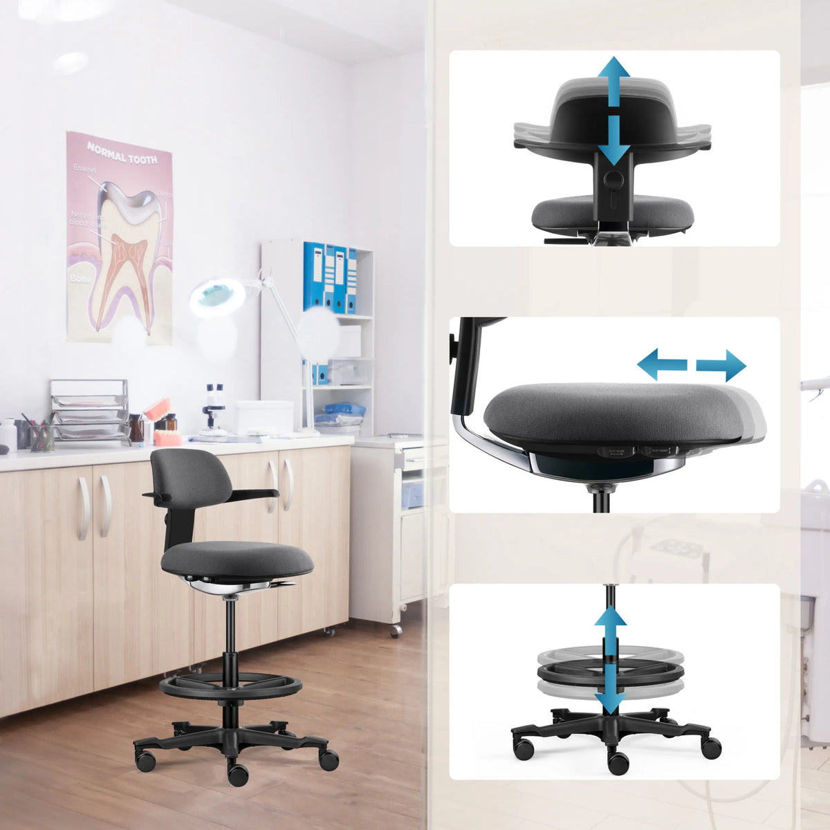 Height-adjustable armrest and seat of the TOP WORK 40 work chair in dark grey with foot ring by hjh OFFICE