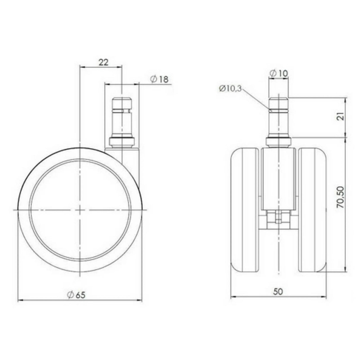 Technical drawing of the 65 mm diameter Castors 5x ROLO 10mm/65mm by hjh OFFICE