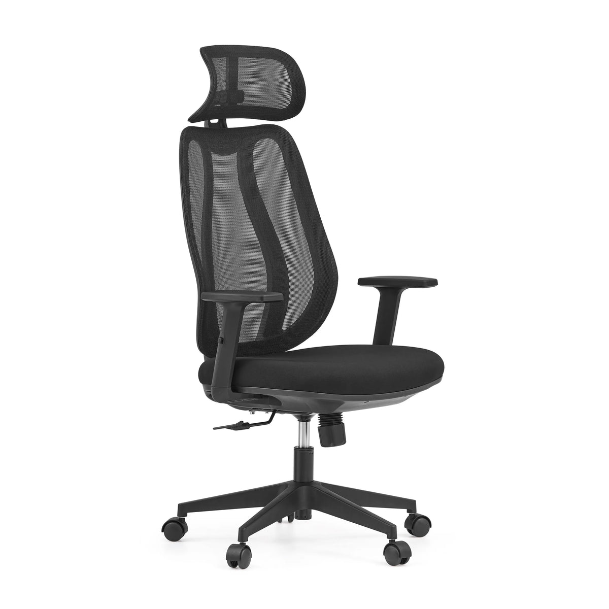 Black Professional Office Chair Filaro with mesh back, headrest and a five-caster base by hjh OFFICE – 360-degree view (front three-quarter view 45°)