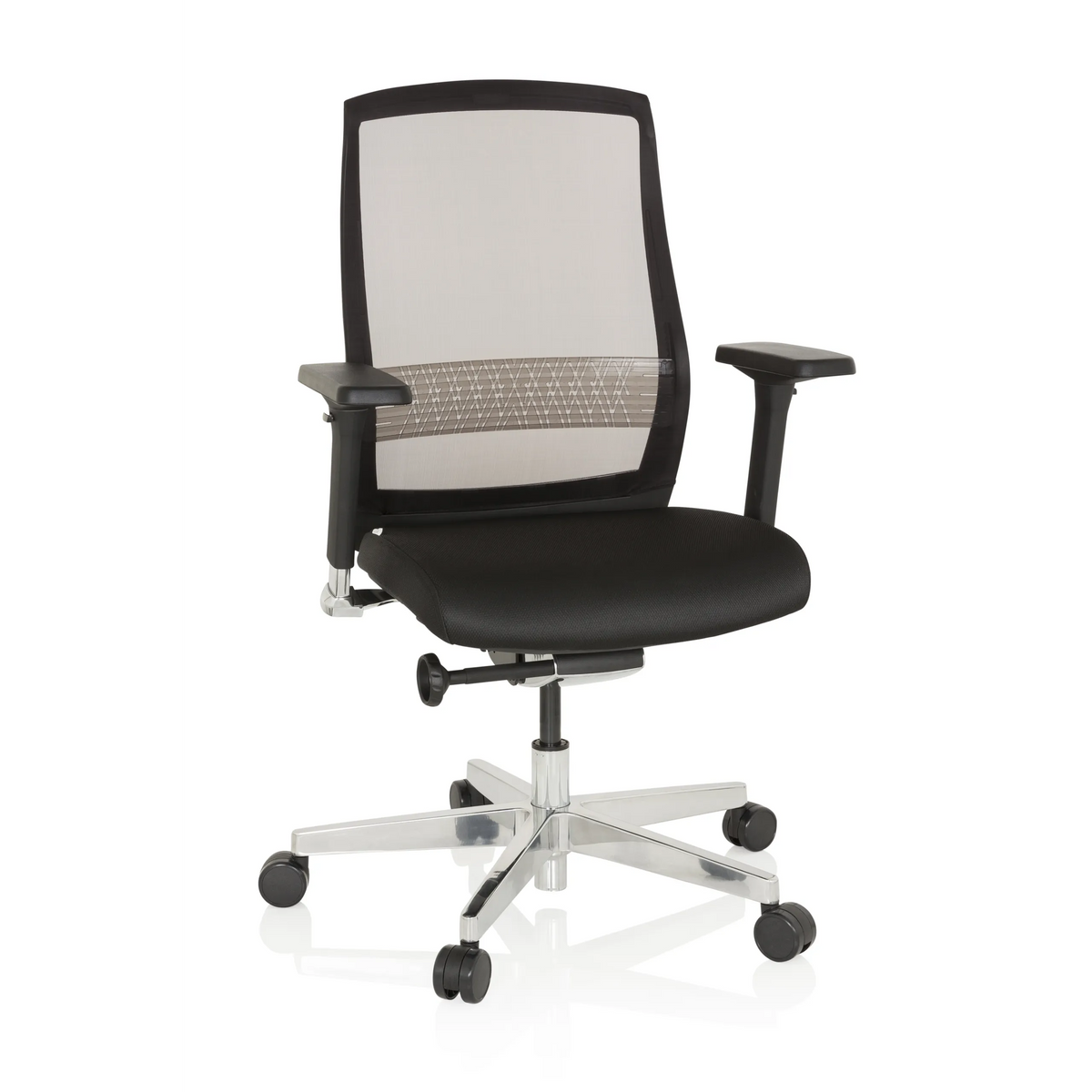 Black High End Office Chair FOUNTAINE with mesh back and five-caster base by hjh OFFICE – 360-degree view (front view 20°)