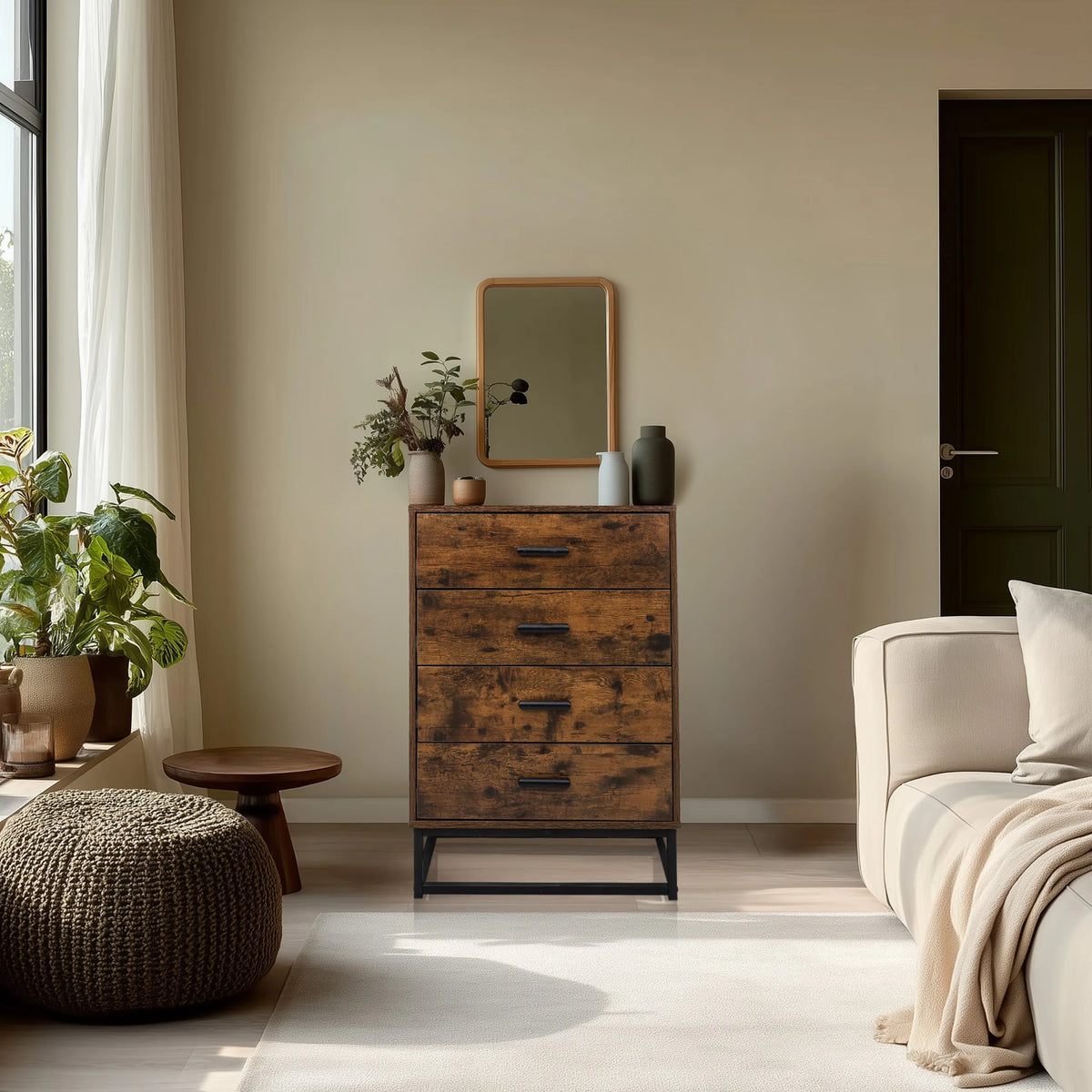 Brown Chest of drawers VINSTRA with four drawers and a black metal frame by hjh LIVING