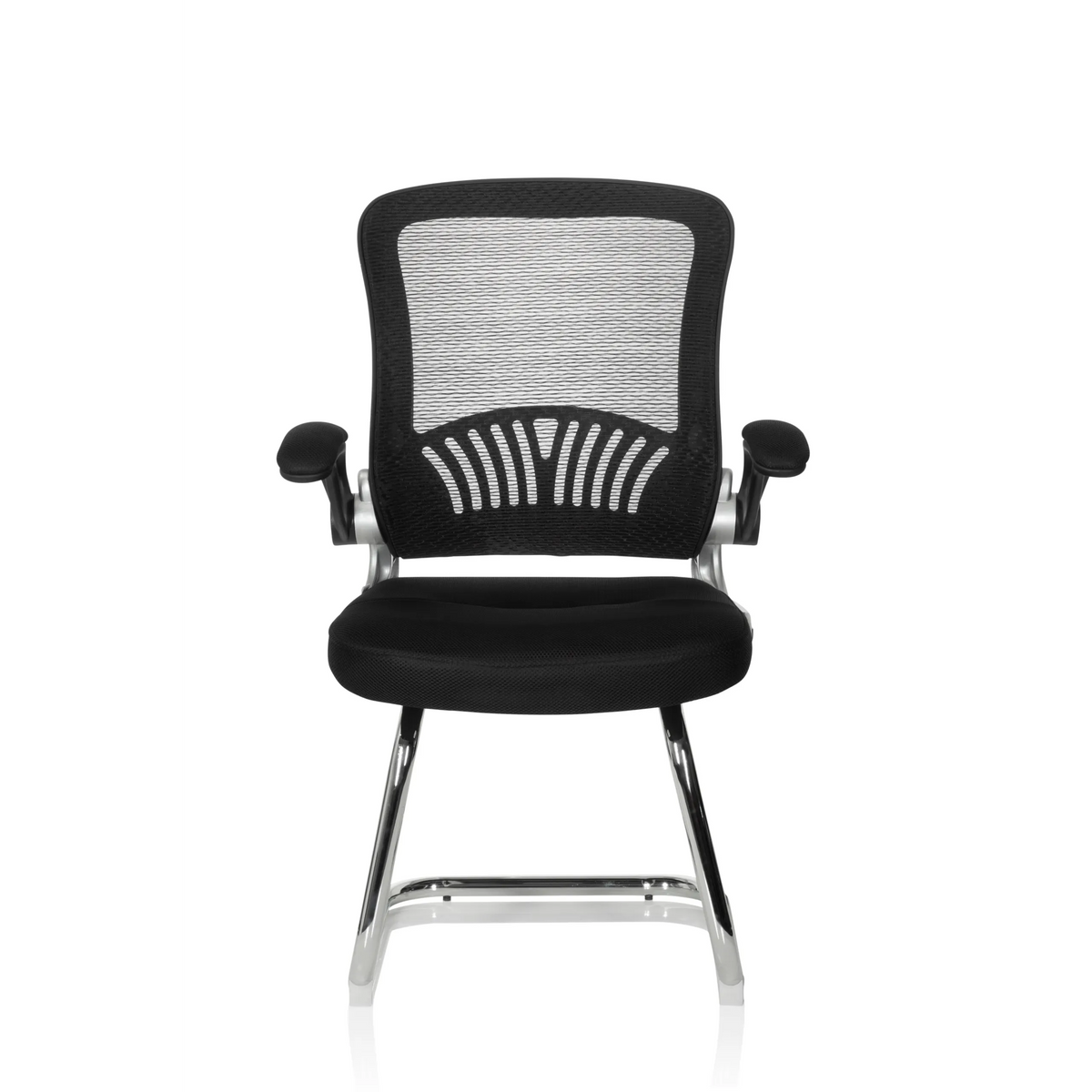 Black Cantilever chair FLYER PRO V with mesh back, armrests and sled base by hjh OFFICE – 360-degree view (front view 0°)