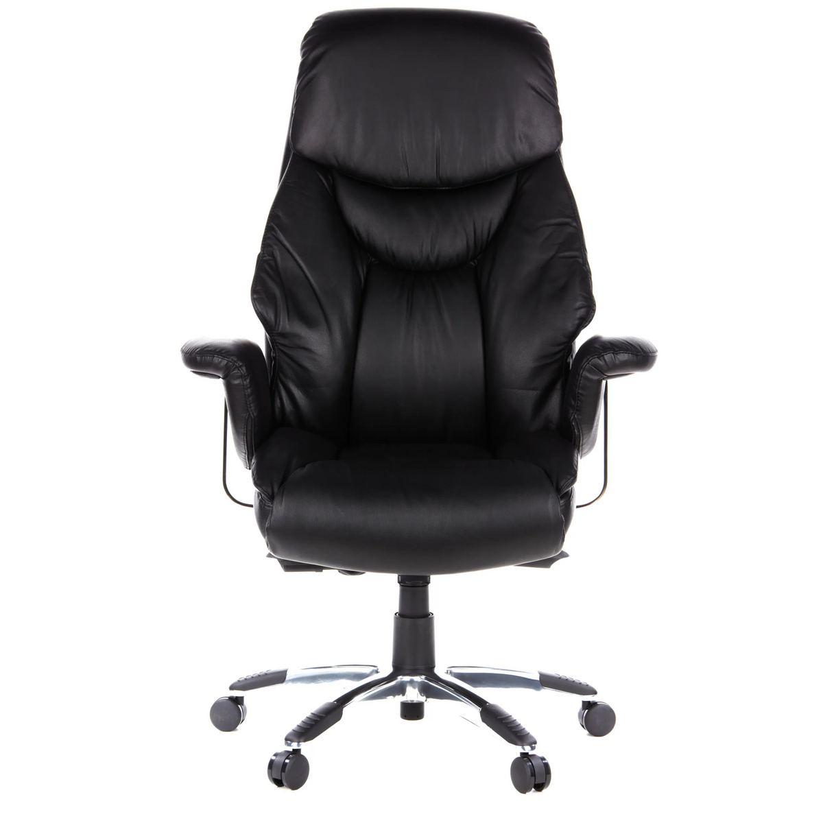 Black Luxury Executive Chair PRADO made of leather with armrests and a five-caster base by hjh OFFICE – 360-degree view (front view 0°)