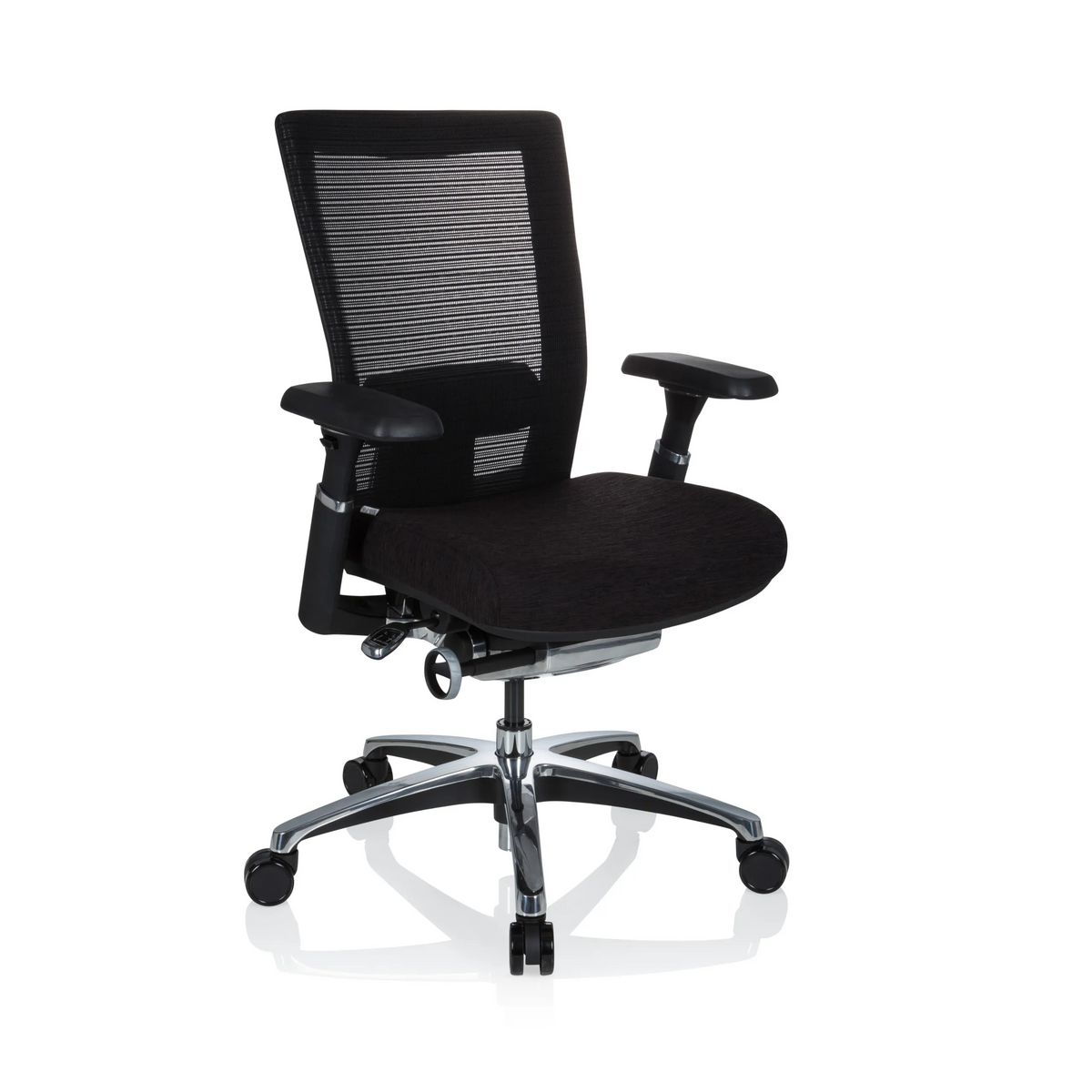 Black High End Office Chair NOVA PRO ALU with mesh back and five-caster base by hjh OFFICE – 360-degree view (front three-quarter view 40°)