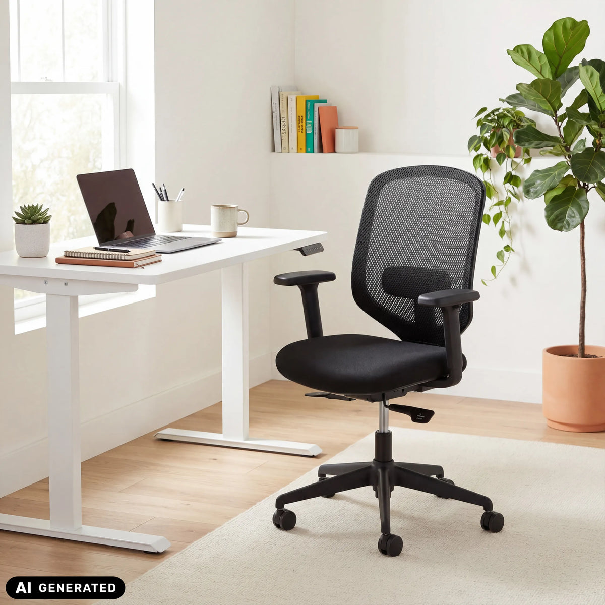 Black Professional Office Chair Delvia with mesh backrest at a white desk by hjh OFFICE (AI-generated image)