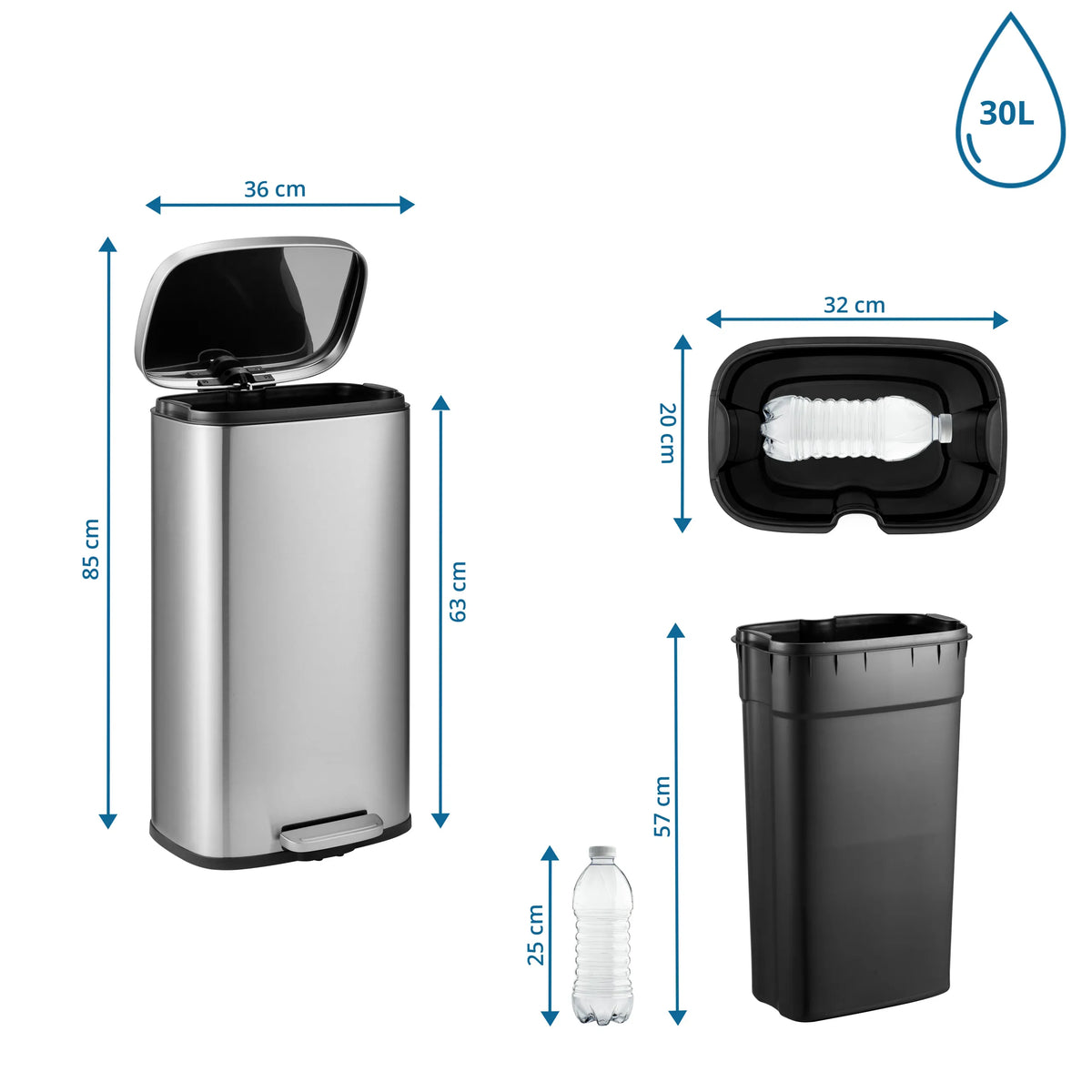 Dimensional drawing of the Wastepaper Clean 15 with a height of 85 cm and 30 litres volume by hjh OFFICE