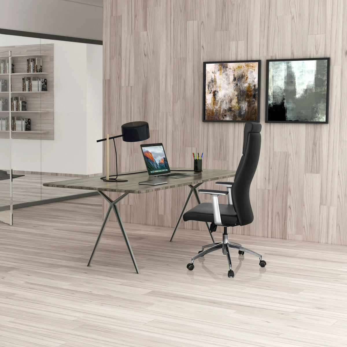 Luxury Executive Chair MONZA 20 in black at a desk in a bright room by hjh OFFICE