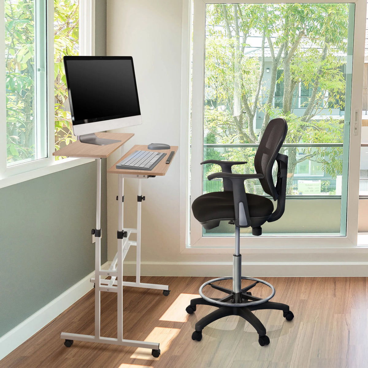 Standing desk WORKSTATION I in white and oak with two work surfaces on castors by hjh OFFICE