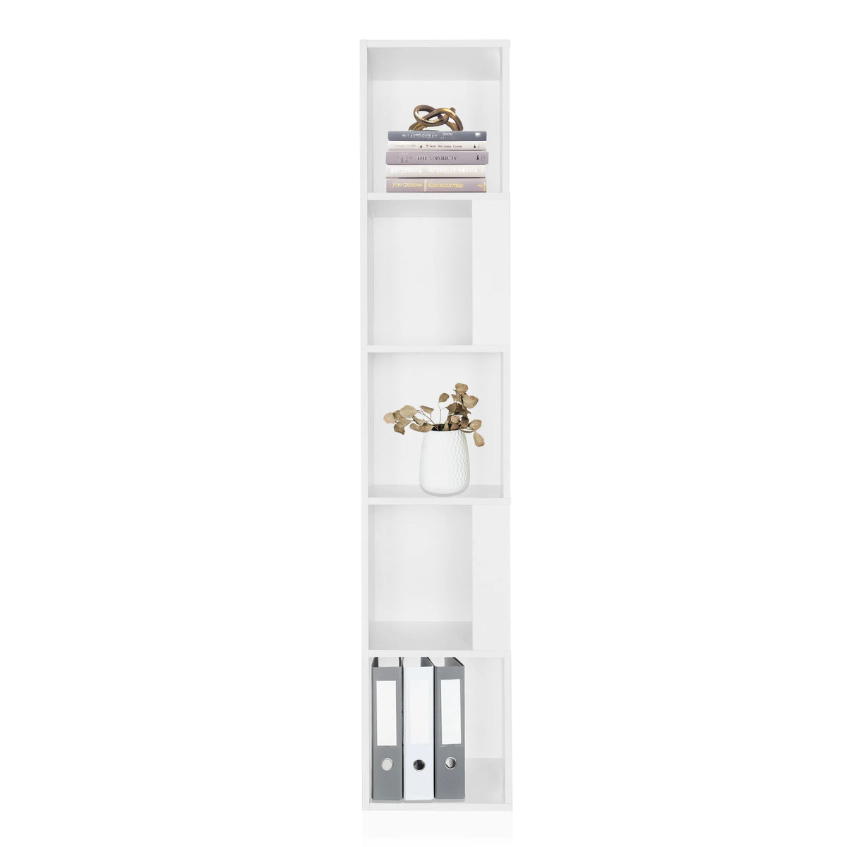 White Shelf KALAG S with four open compartments, stocked with books, a vase and folders by hjh LIVING