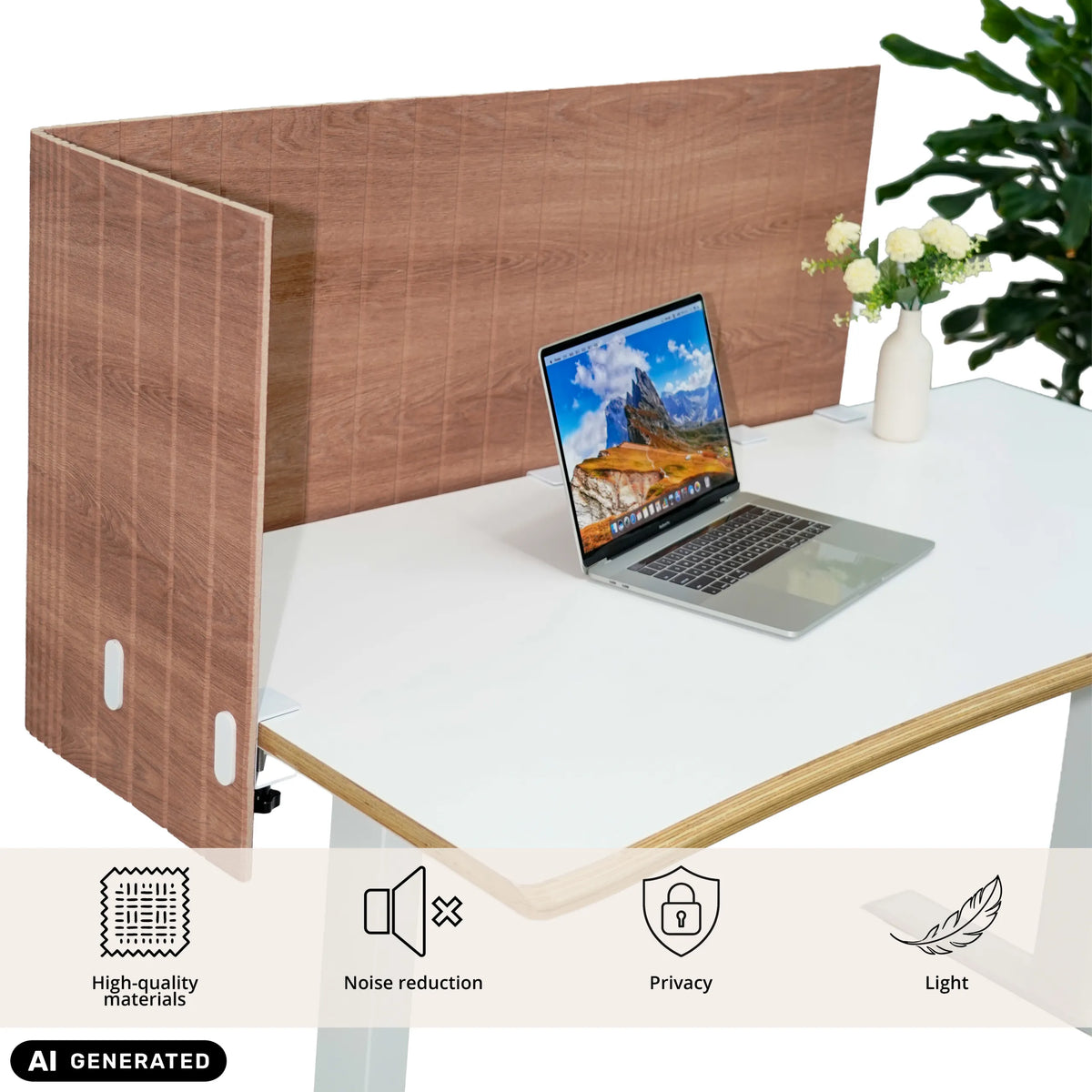 Brown table partition FLEXMIUT ROLL W with L-shape on a white desk by hjh OFFICE