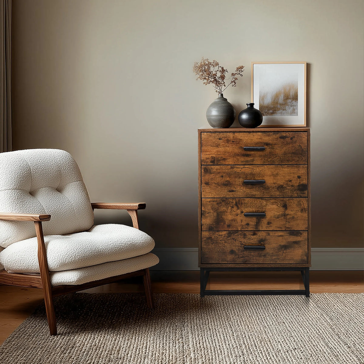 Brown Chest of drawers VINSTRA with four drawers and a black metal frame by hjh LIVING