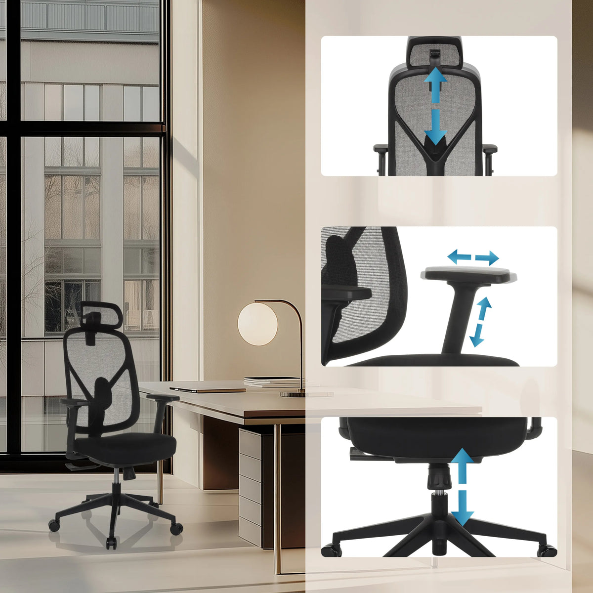 Adjustable headrest, seat height and gas spring of the Professional Office Chair RALOO ECO by hjh OFFICE