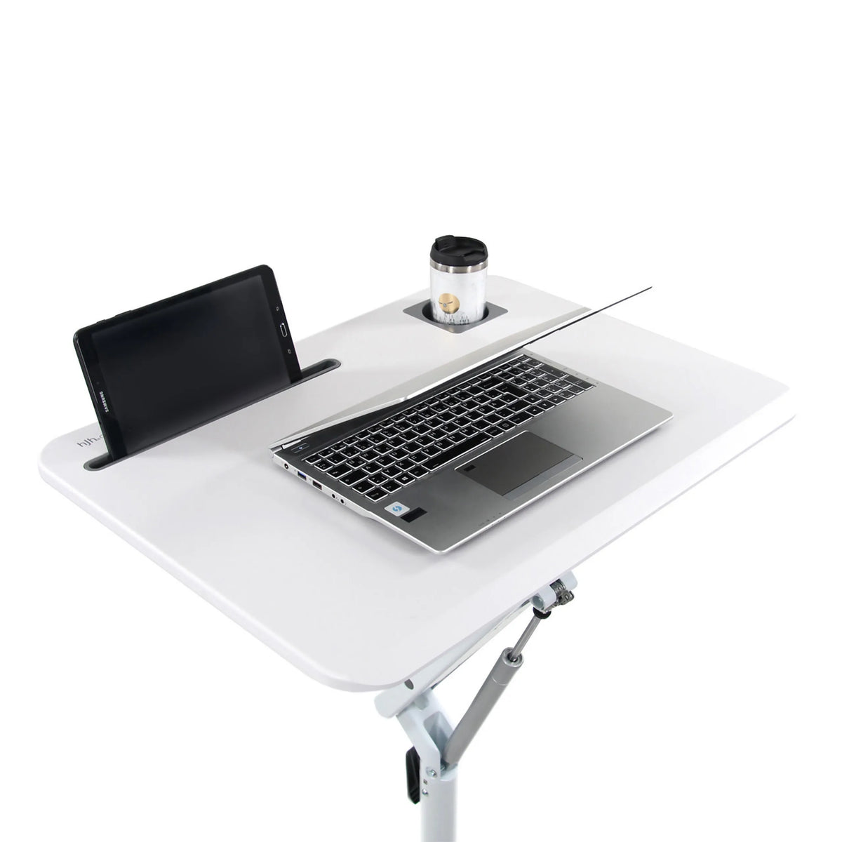 White worktop of the STAND VM-SU I standing desk with laptop, tablet and cup holder by hjh OFFICE