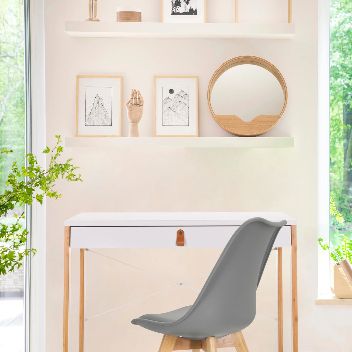 White Office Desk TAROLO II with one drawer and light wood legs by hjh LIVING