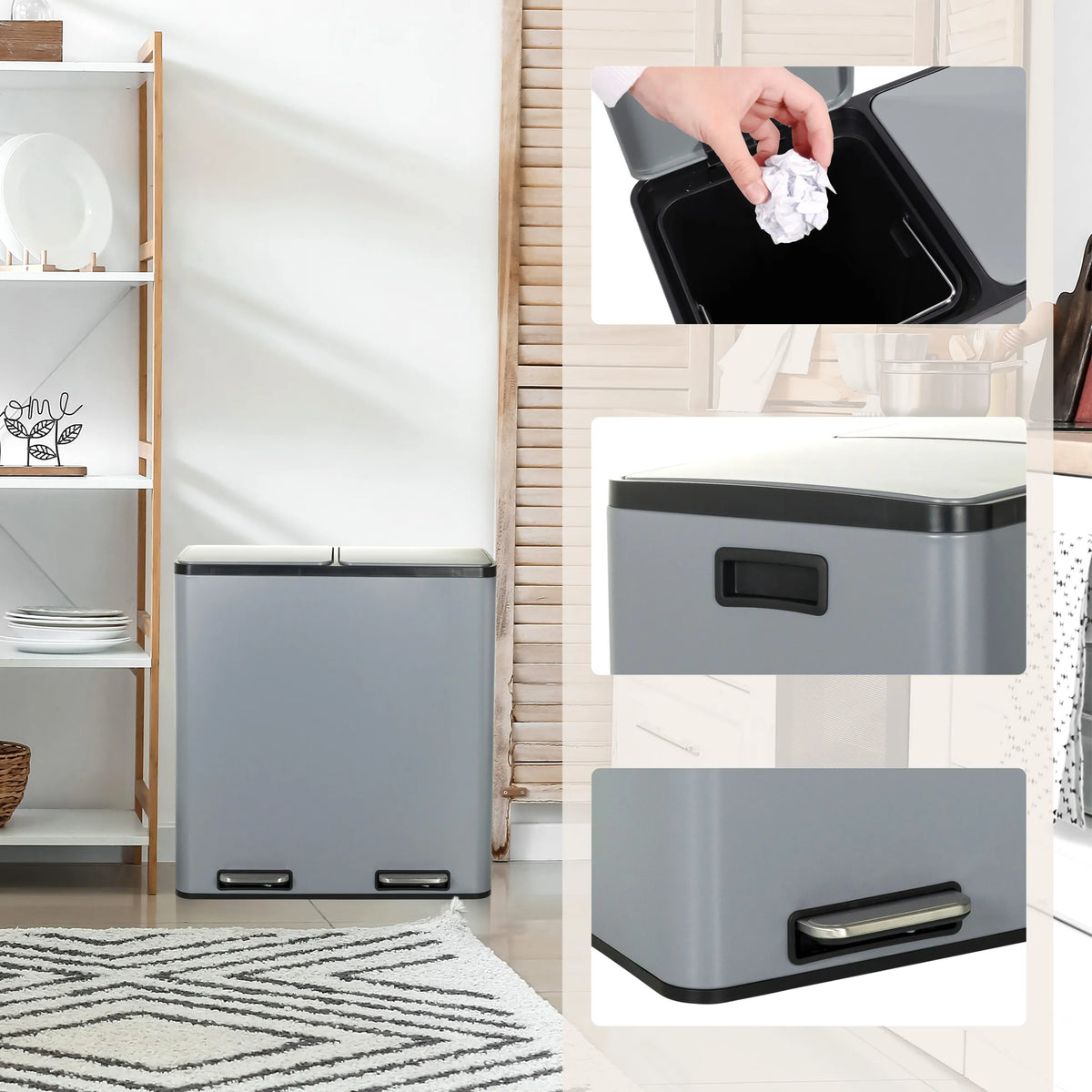 Grey wastepaper bins Clean 13 with lid and foot pedal in different views by hjh OFFICE