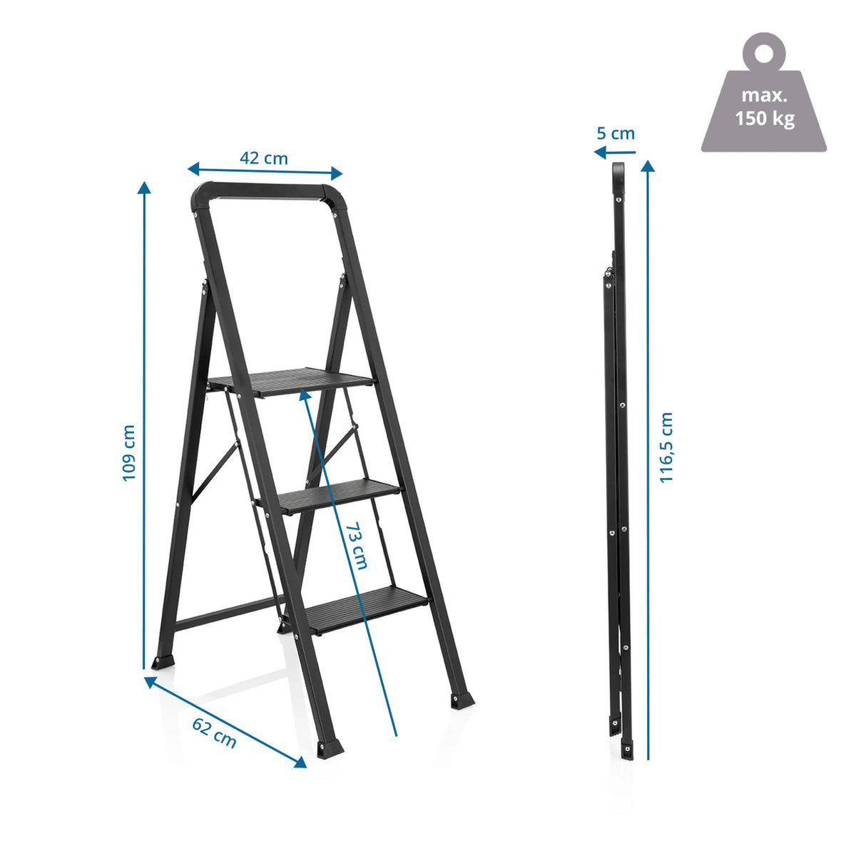 Technical drawing of the Folding Ladder SOLID W6 with a height of 109 cm by hjh OFFICE