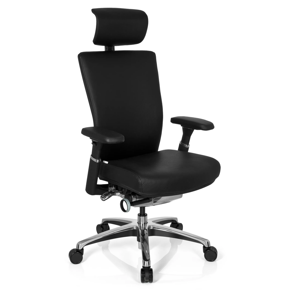 Black Professional Office Chair NOVA made of leather with headrest and five-caster base by hjh OFFICE – 360-degree view (front three-quarter view 40°)