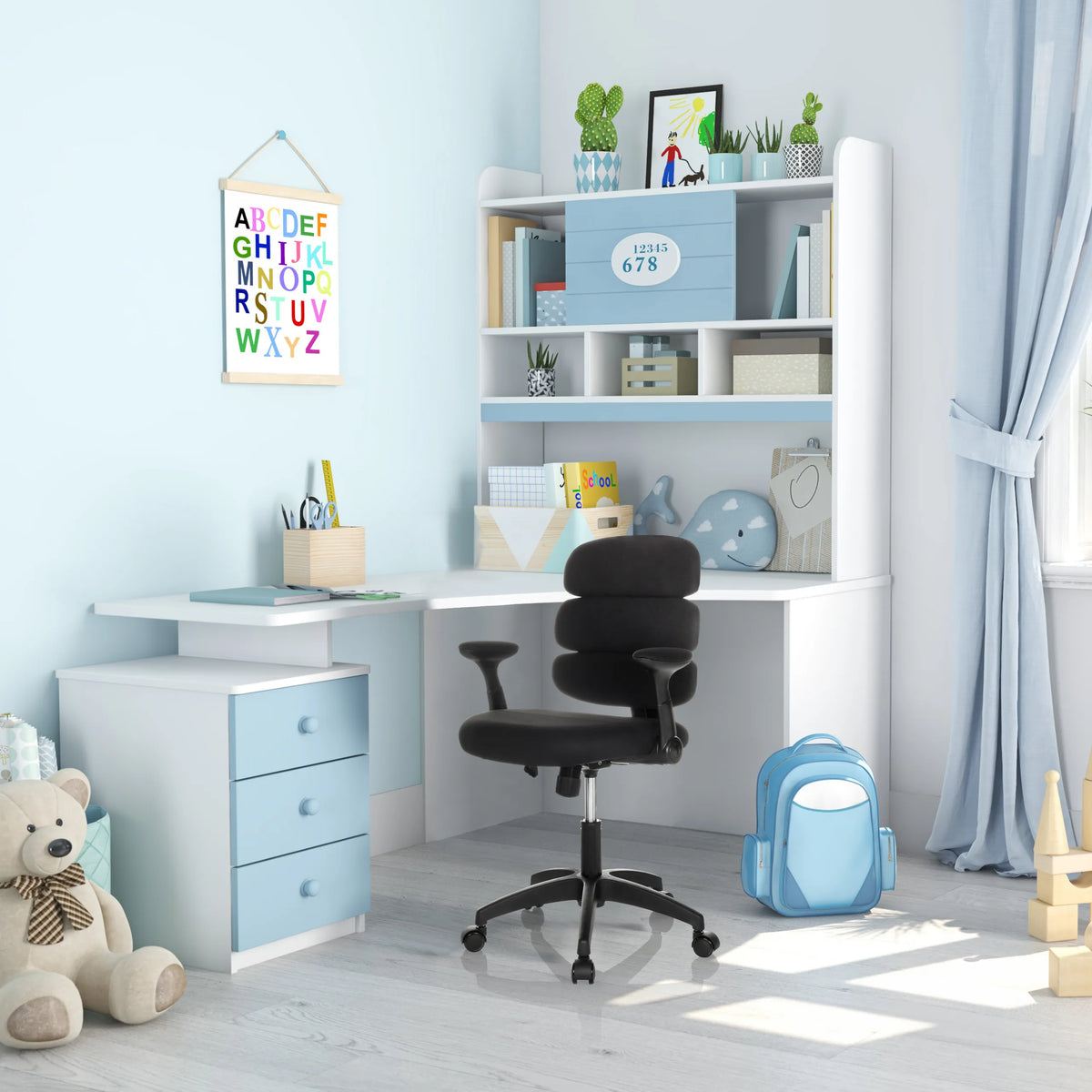 Black Swivel Chair – Children KID ERGOLINO B with armrests and castors at a white desk by hjh OFFICE