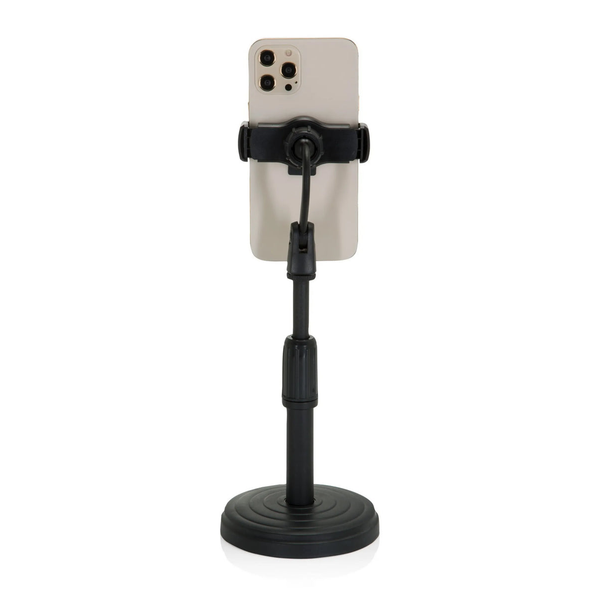 Black Mobile phone & tablet holder FLEXMOBI II with adjustable arm and round base by hjh OFFICE