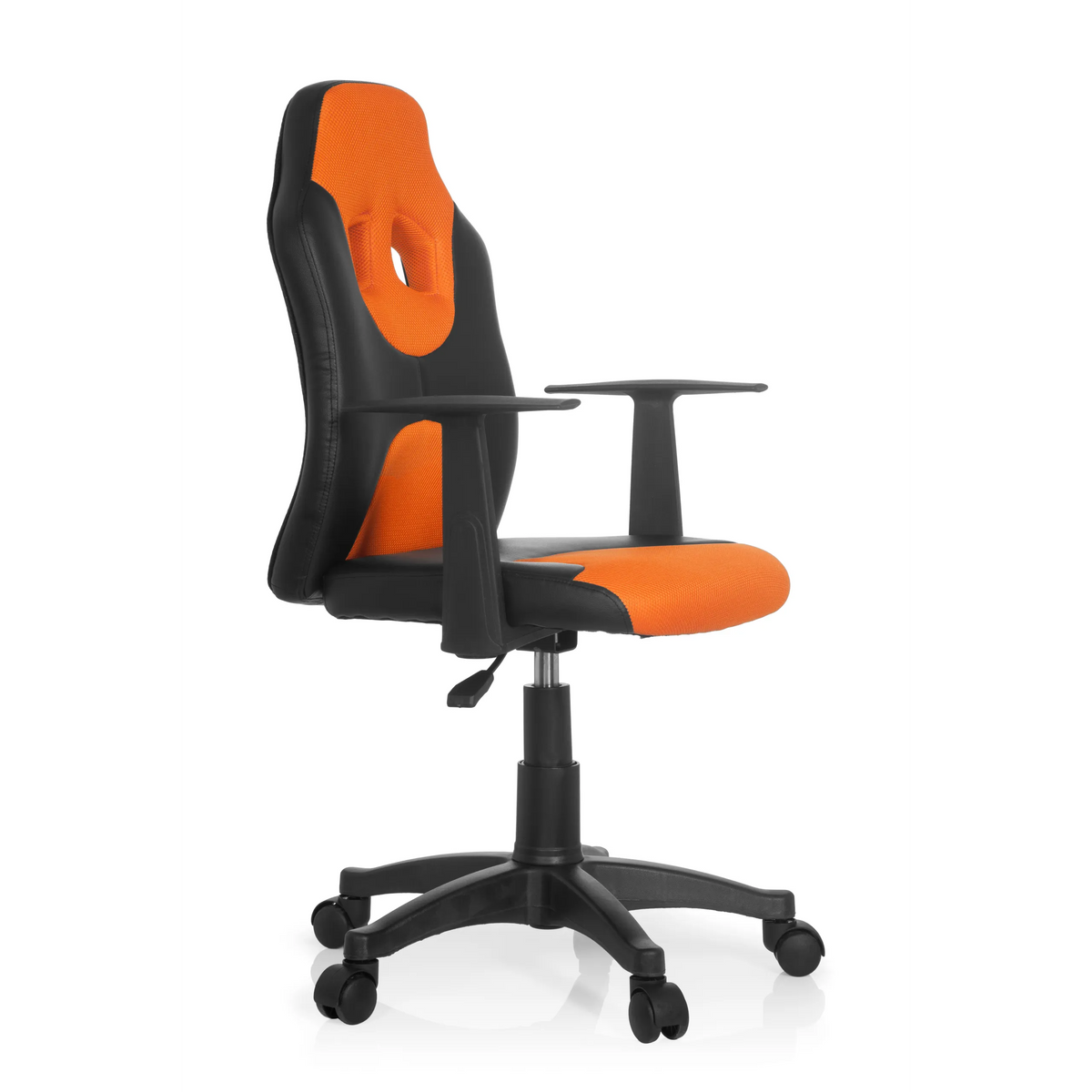 Black and orange Swivel Chair – Children KID GAME AL with mesh back and five-caster base by hjh OFFICE – 360-degree view (front three-quarter view 60°)