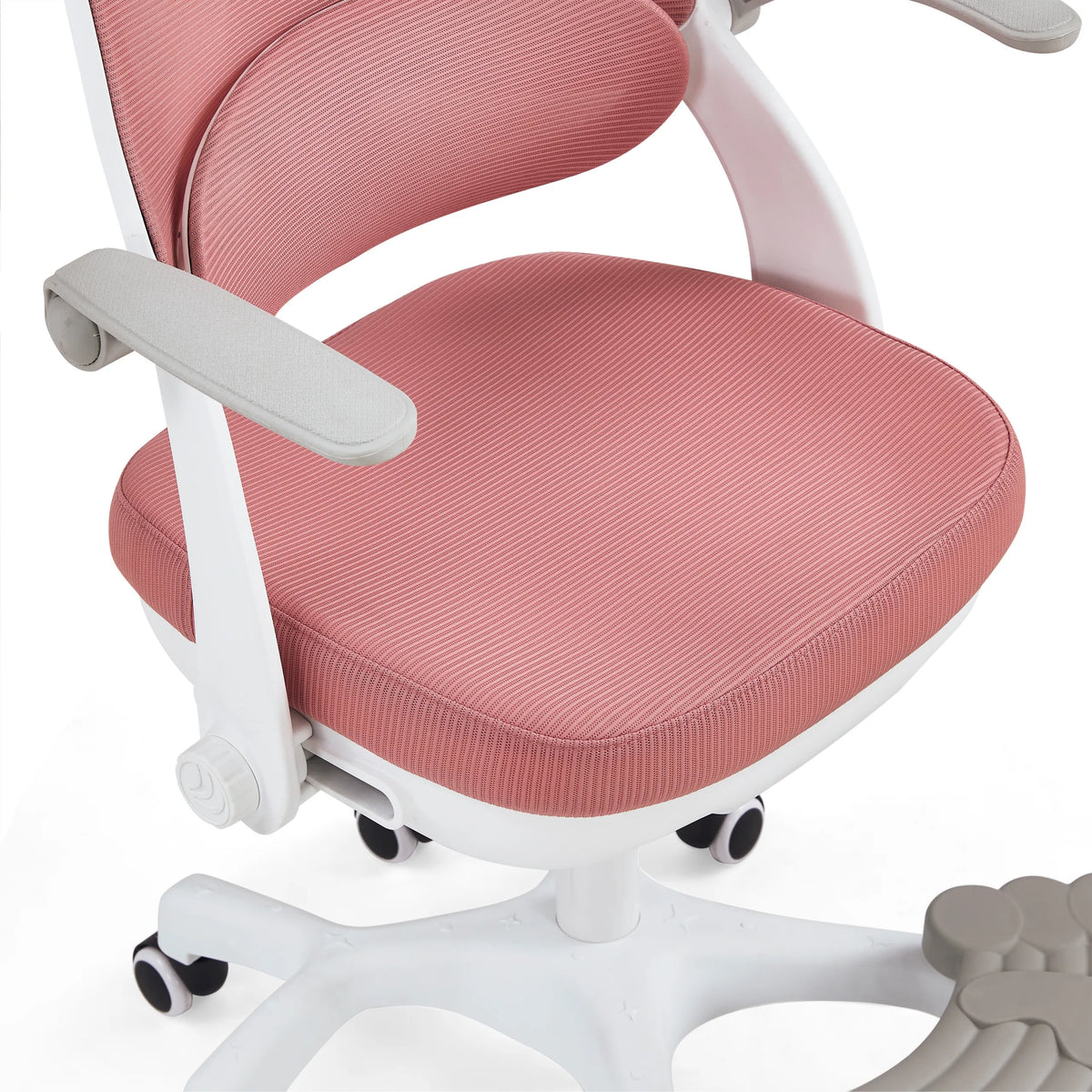 Pink padded seat and backrest of the Kiddy Smart Step children's swivel chair with a white frame by hjh OFFICE