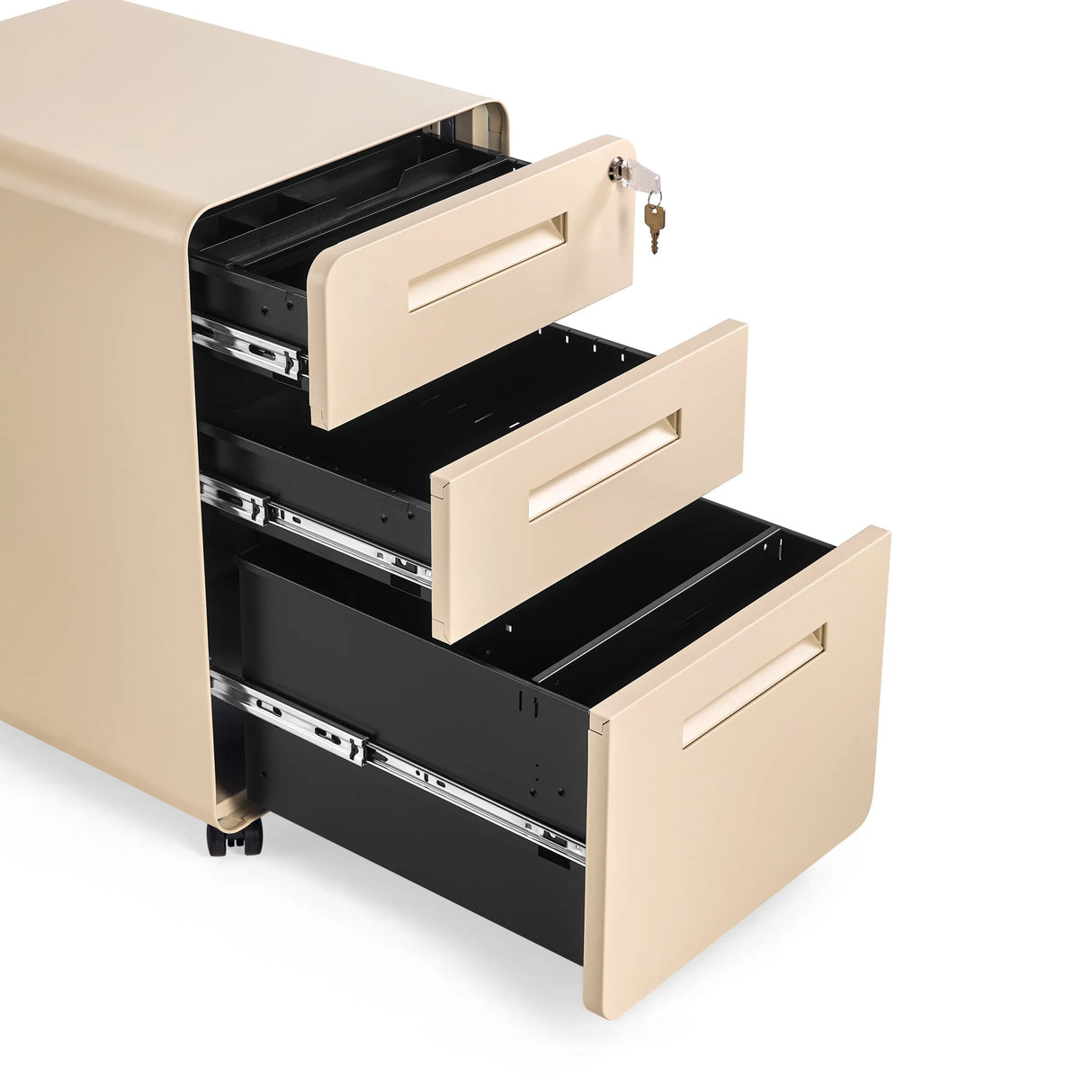 Open drawers and lock of the beige metal mobile drawer unit COLOR PLUS I by hjh OFFICE