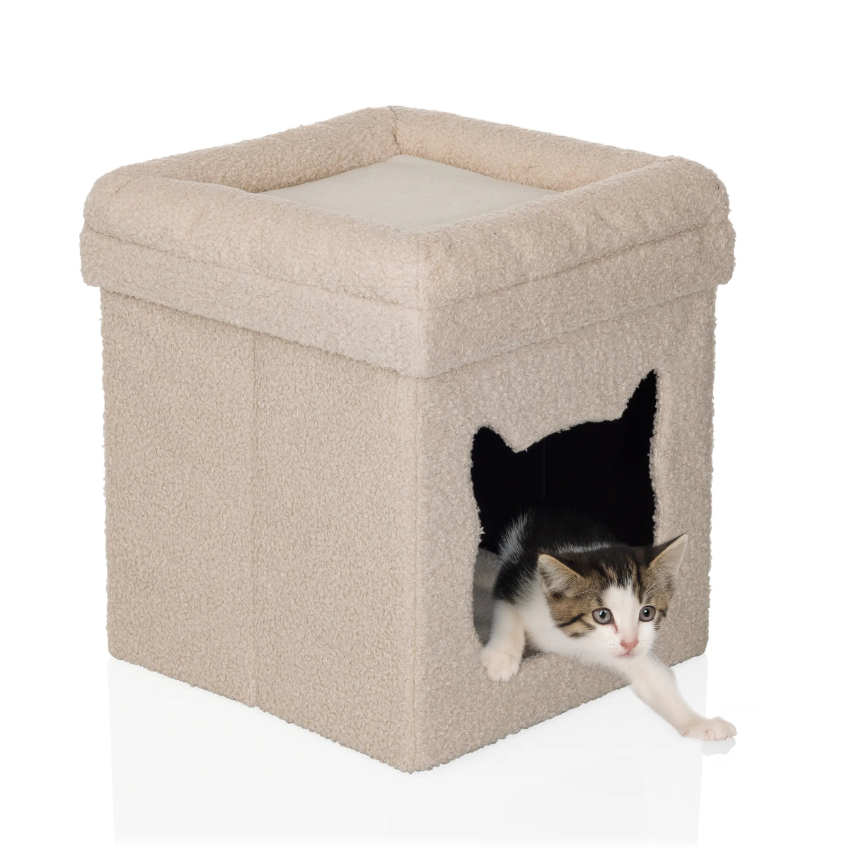 Beige cat house PAWY ES with soft plush cover and a small kitten inside by hjh LIVING