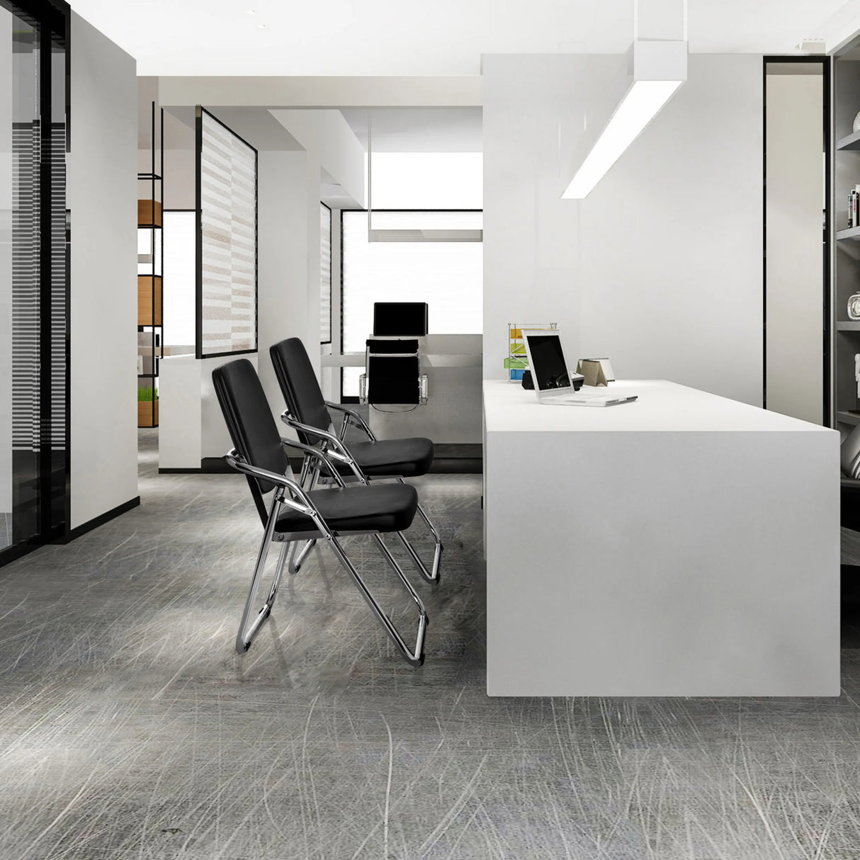 Two black ESTO folding chairs with chrome-plated metal frames in a modern office room by hjh OFFICE