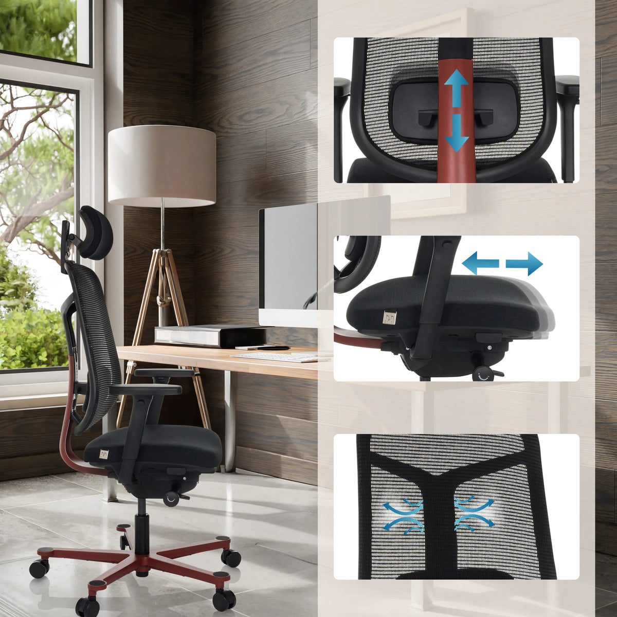 Adjustable headrest, seat, and mesh backrest of the High End Office Chair BICOLORE HIGH by hjh OFFICE
