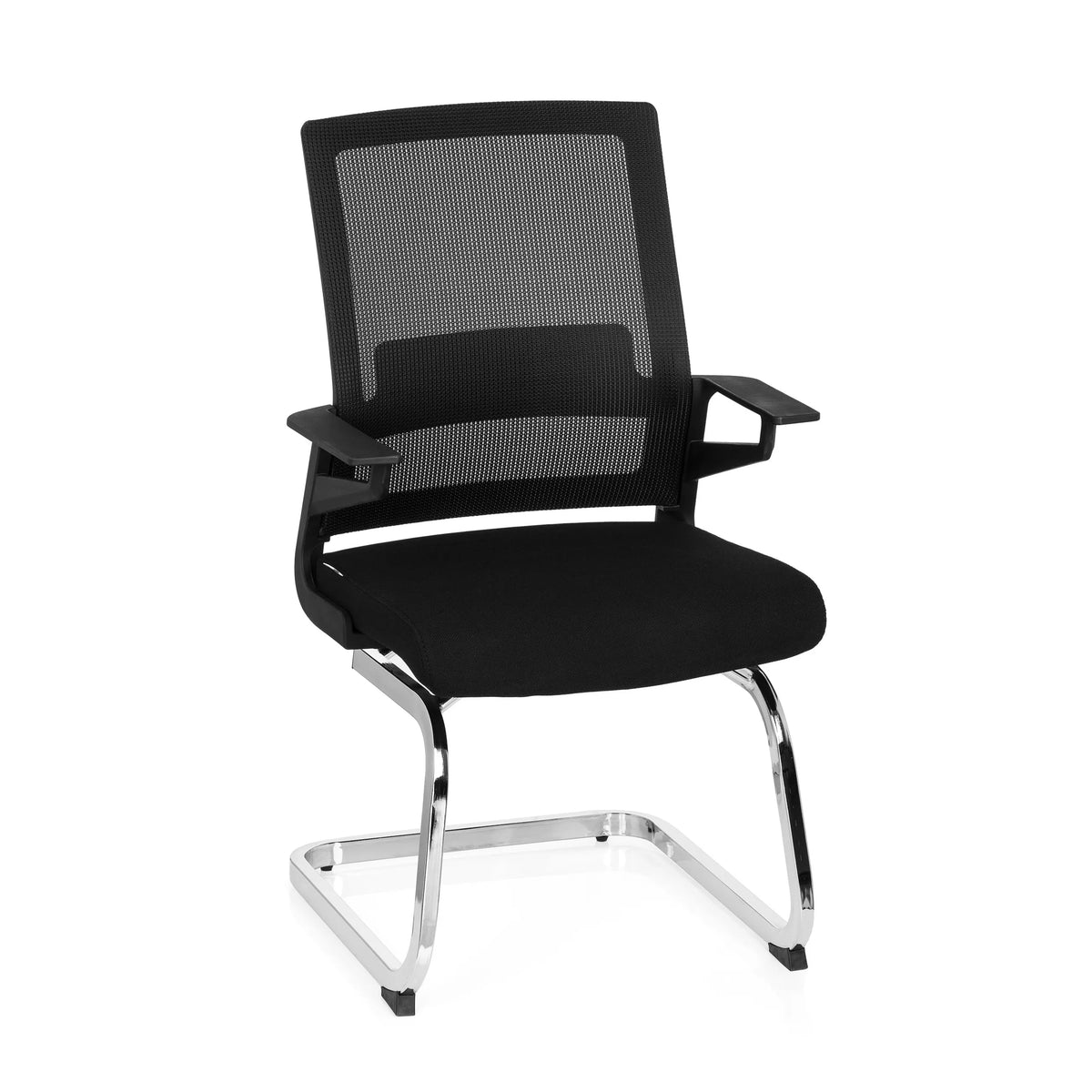 Black Cantilever chair INVENTOR V with mesh back, armrests and sled base by hjh OFFICE – 360-degree view (front view 20°)