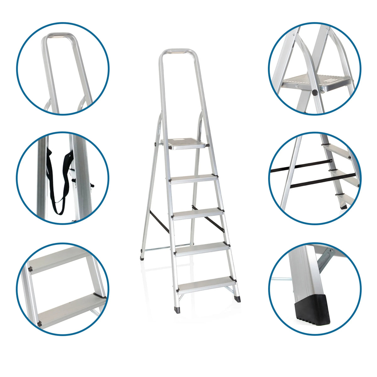 Aluminium Folding Ladder SOLID III with five steps, carrying strap and non-slip feet by hjh OFFICE