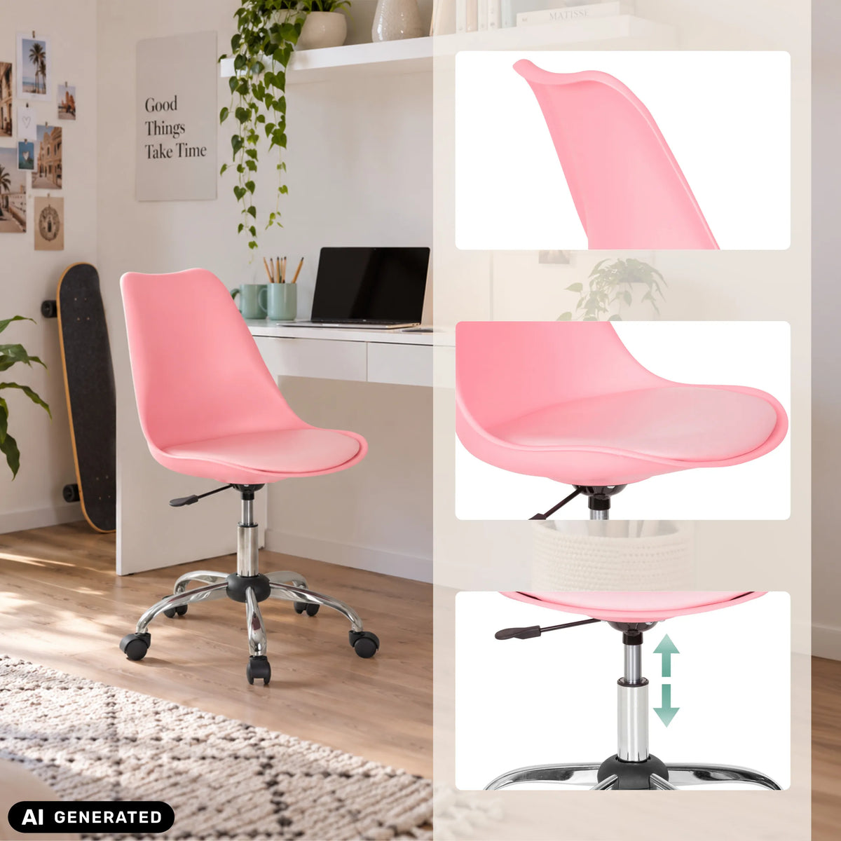 Pink Home Office Chair FANCY PRO with chromed star base and castors by hjh OFFICE