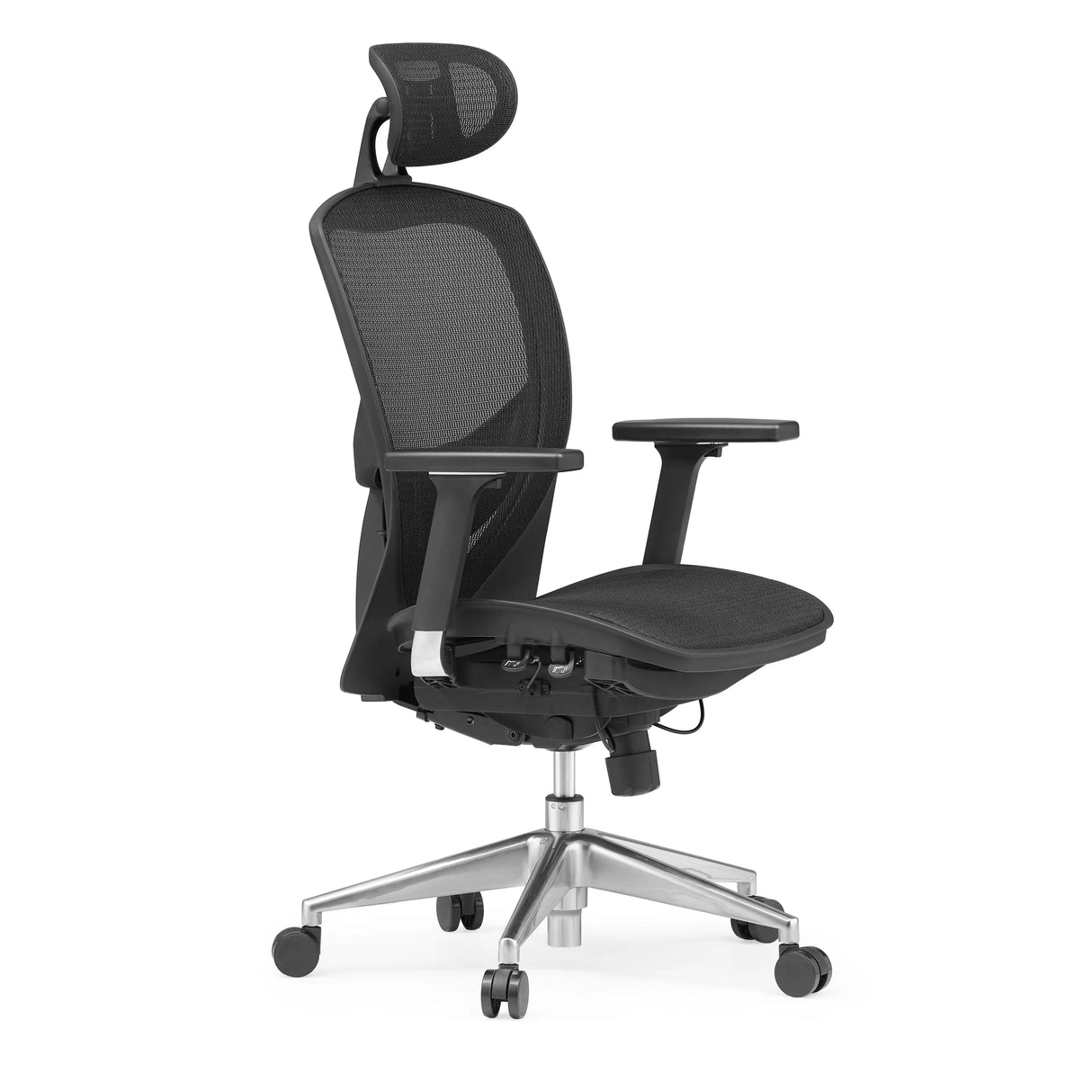 Black High End Office Chair VENUS ONE with mesh back and five-caster base by hjh OFFICE – 360-degree view (front three-quarter view 60°)