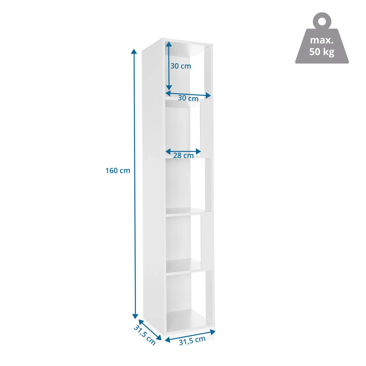 Dimensional drawing of the Shelf KALAG S with a height of 160 cm and a width of 31.5 cm by hjh LIVING