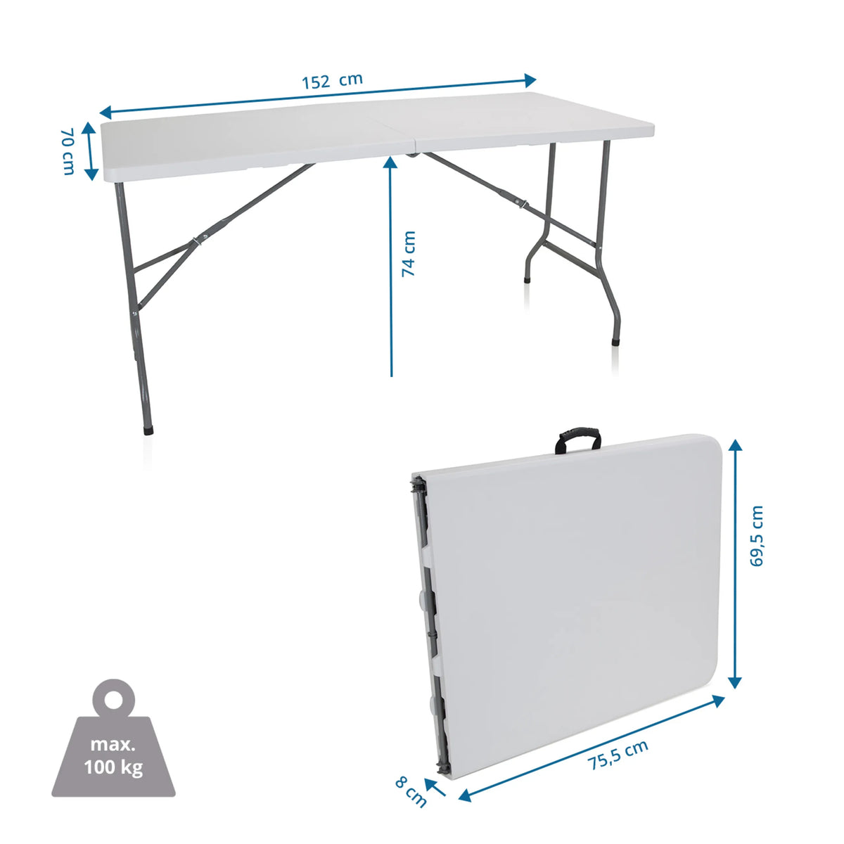 Dimensional drawing of the Folding table EASY UP MULTI II with 152 × 70 cm and a load capacity of 100 kg by hjh OFFICE