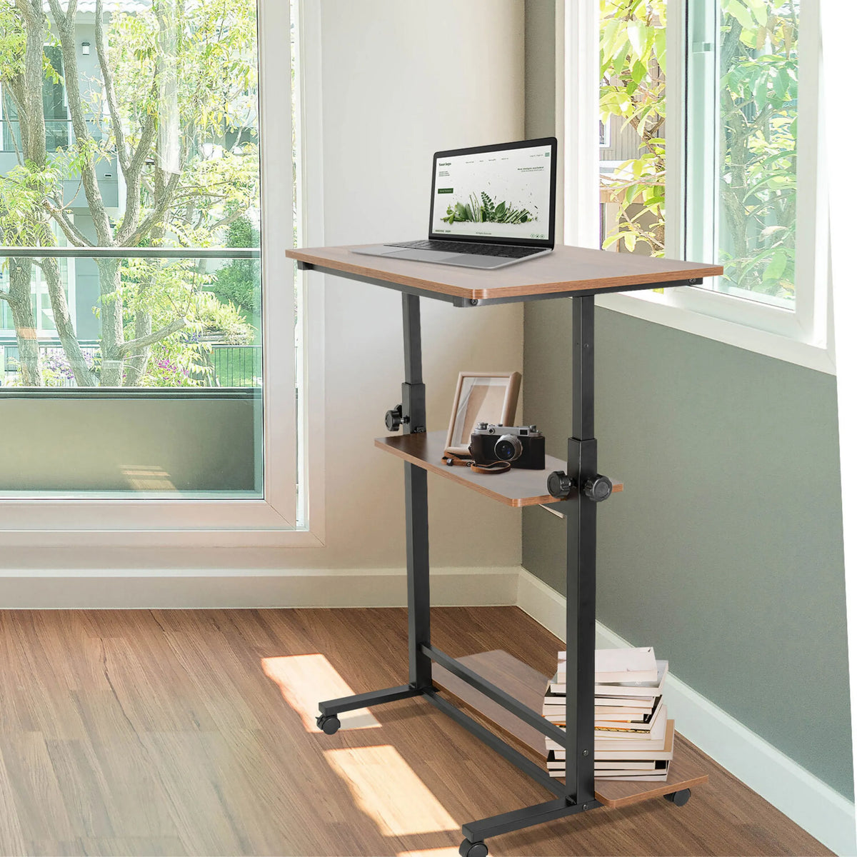 Standing desk WORKSTATION II in black and walnut with two shelves and castors by hjh OFFICE