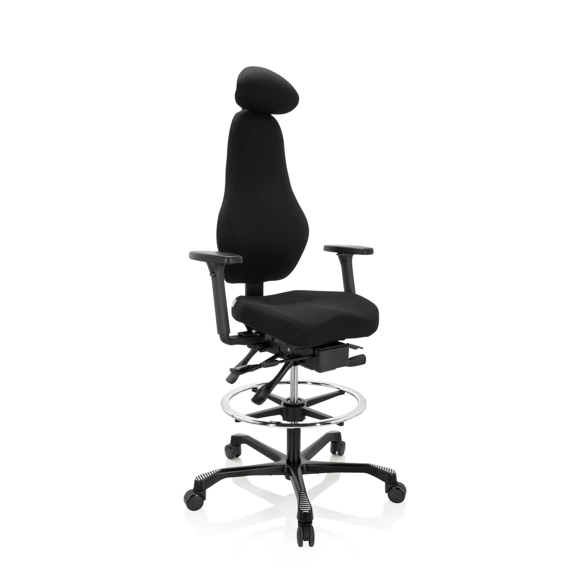 Black Counter chair RESISTIO WORK with headrest, foot ring and five-caster base by hjh OFFICE – 360-degree view (front three-quarter view 40°)