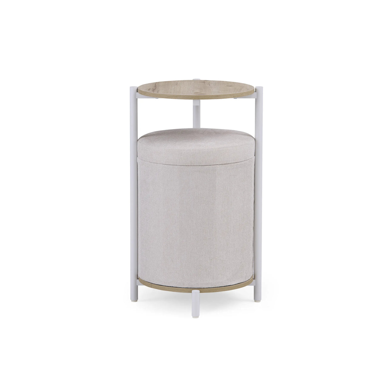 Nestup 1 side table in white and oak with round tabletop and integrated upholstered stool by hjh LIVING – 360-degree view (front view 0°)