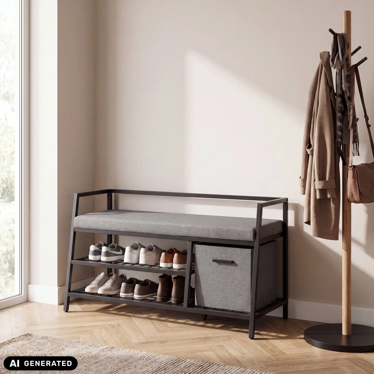 Estha Loft shoe cabinet in black and grey with seat cushion, two storage compartments and a fabric basket by hjh LIVING