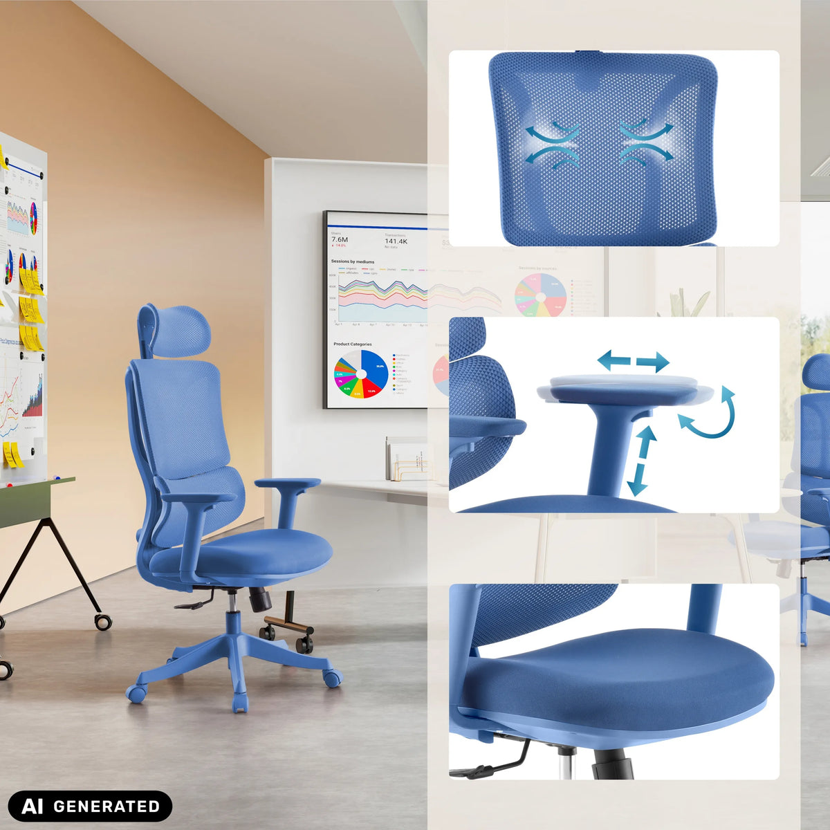 Blauer Homeoffice-Bürostuhl Ergomy Colore mit Netzrückenlehne und verstellbarem Mechanismus von MyBuero (KI-generiertes Bild)
