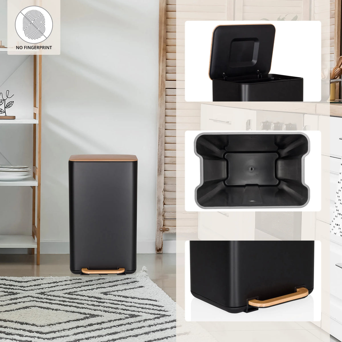 CLEAN NATURA wastepaper bin in black with walnut lid, inner bucket and handle on the bottom by hjh OFFICE