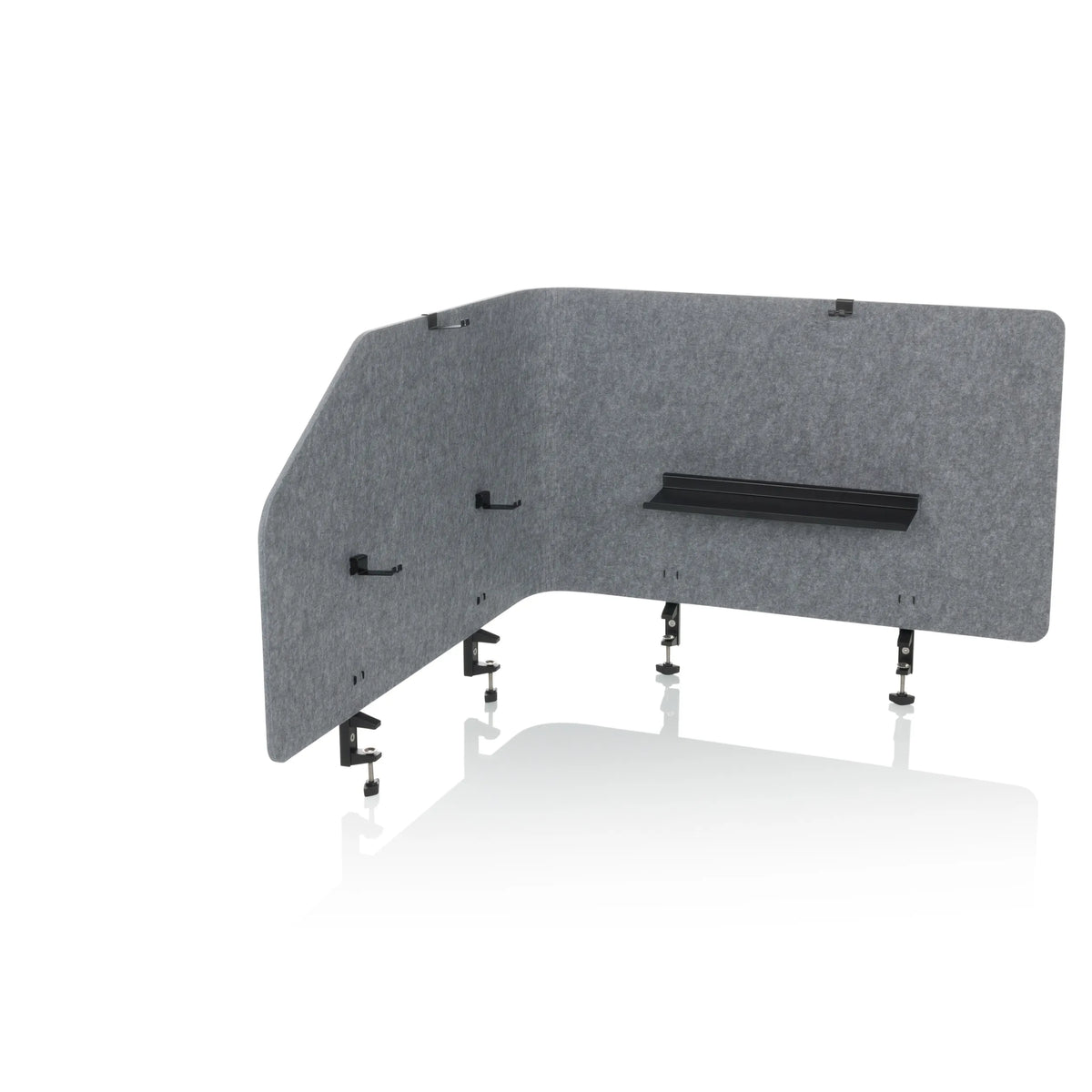 Grey Table partition FLEXMIUT T TOP with integrated shelf and mounting clamps by hjh OFFICE – 360-degree view (front view 15°)