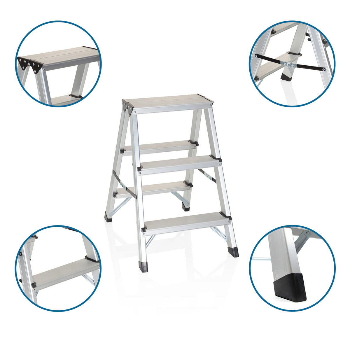 Aluminium Folding Ladder SOLID with three steps and detailed views of the joints and non-slip feet by hjh OFFICE