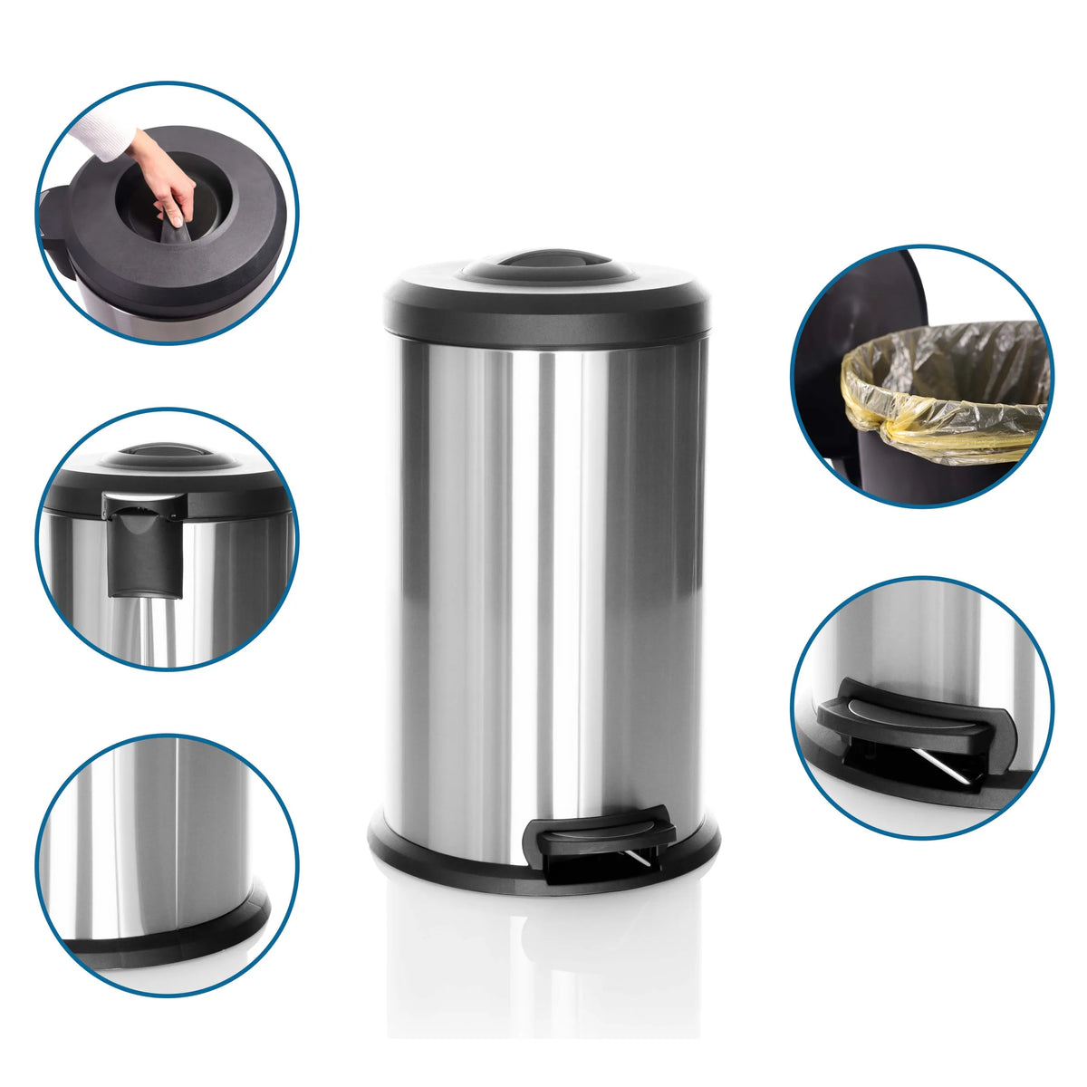 CLEAN X wastepaper bin in silver with foot pedal, removable lid and plastic waste bag by hjh OFFICE