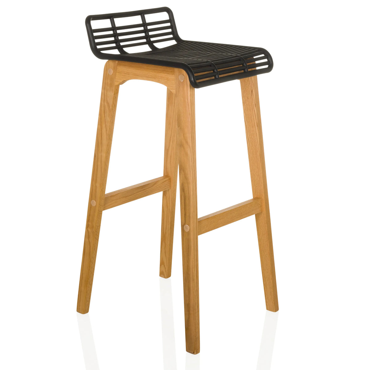 Bar stool LONSO W with black seat shell and oak wood frame by hjh OFFICE – 360-degree view (front three-quarter view 45°)