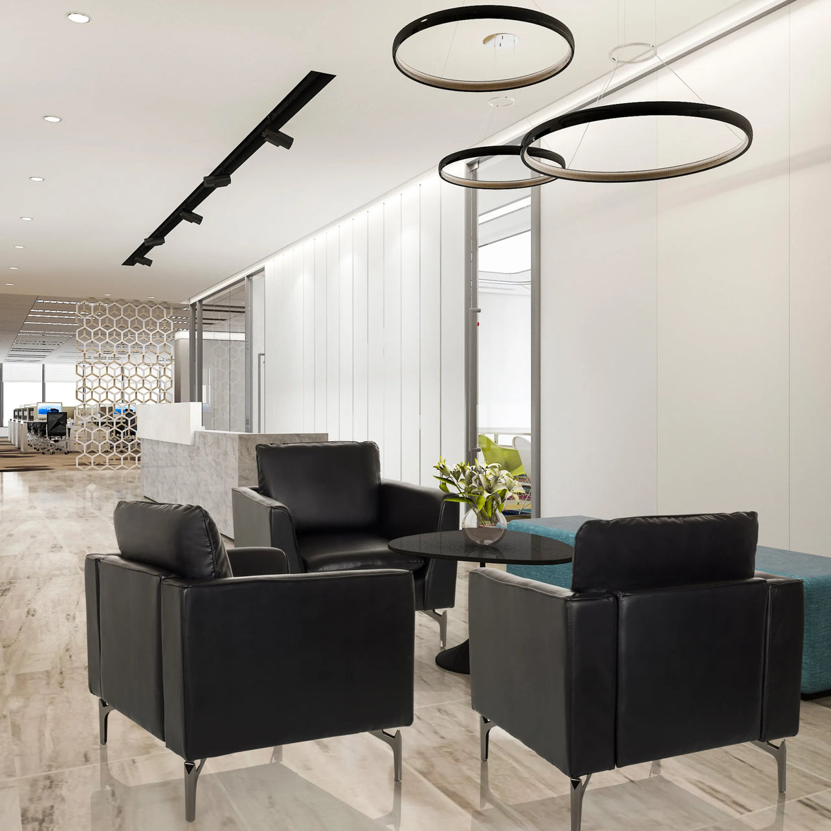 Three black BAVERO Lounge Chairs made of faux leather in a modern office lounge by hjh OFFICE