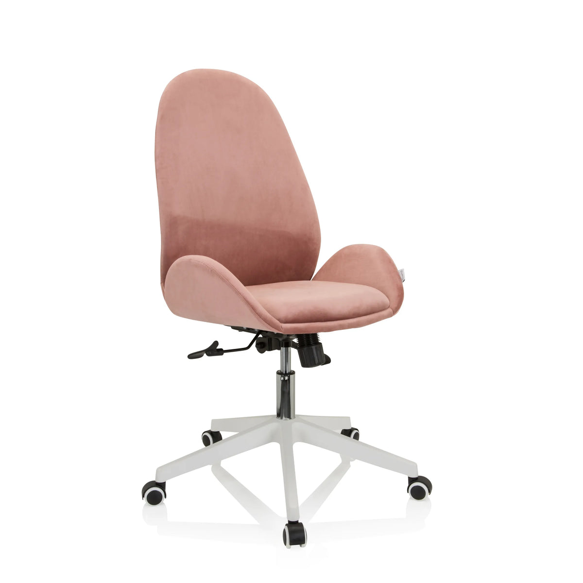 Pink Home Office Chair AVEA with armrests and white five-caster base by hjh OFFICE – 360-degree view (front three-quarter view 40°)