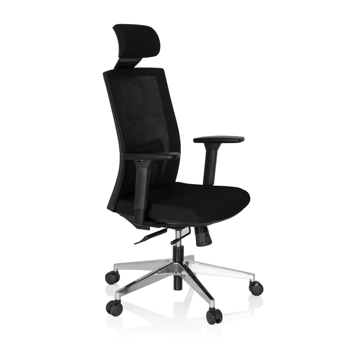 Black Professional Executive Chair CAPTIVA with mesh back, headrest and five-caster base by hjh OFFICE – 360-degree view (front three-quarter view 60°)