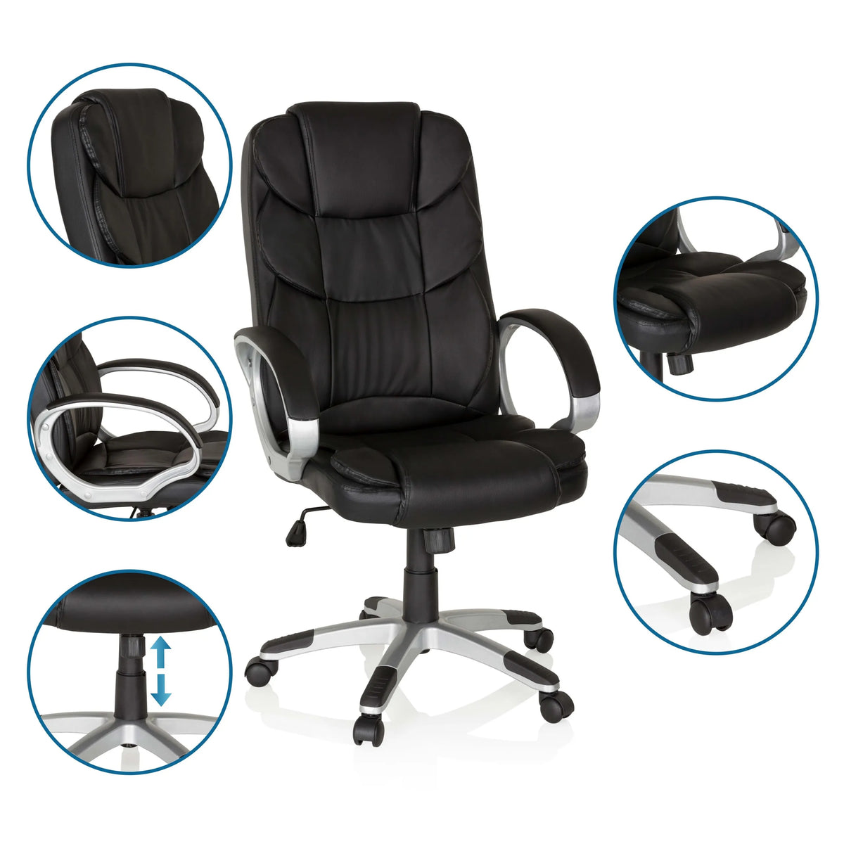 Black Home Office Executive Chair RELAX BY155 with detailed views of armrests, base and gas spring by MyBuero